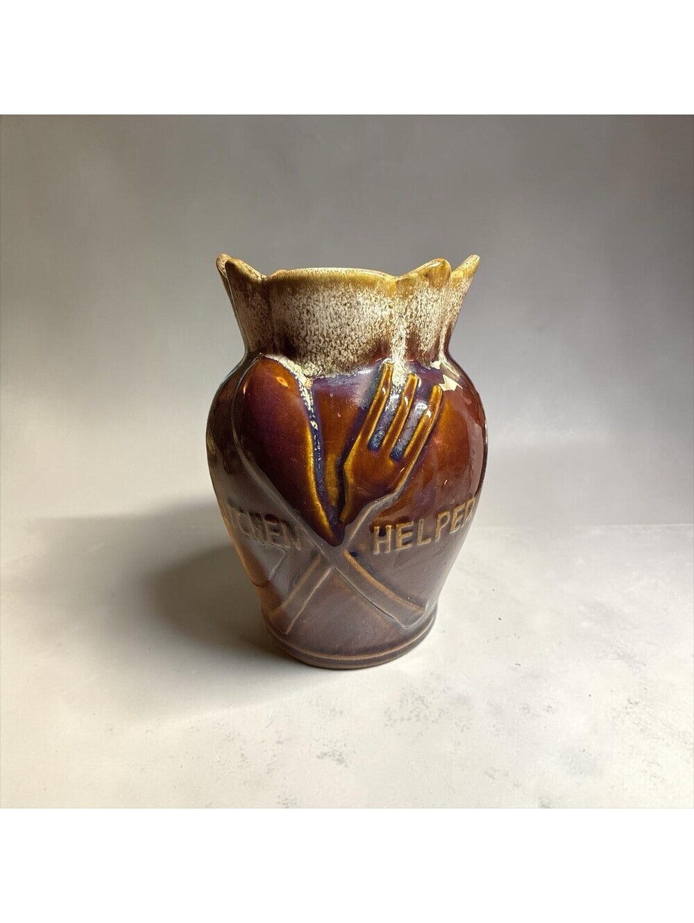 Brown Drip Glaze Pottery KITCHEN HELPER Utensil Crock Stoneware 6"H